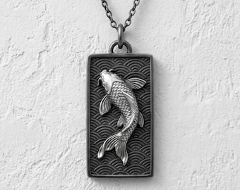 Two-Tone Koi Fish Pendant in 925 Sterling Silver, Oxidized Wave and Gold Vermeil Necklace, Japanese Perseverance Men's Jewelry