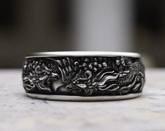 フェニックスリング 925スターリングシルバーバンド、日本の火の鳥デザインリング、酸化加工を施したアジア神話のバンド、手作りステートメントリングギフト