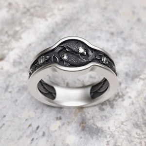 Koi Fish Ring 925 Sterling Silver - Japanese Yin Yang Design with Lotus Band Asian Style Oxidized Silver Wedding Band