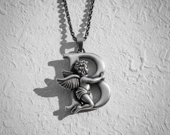 Letter B Angel Pendant 925 Sterling Silver Oxidized Finish Cherub Initial Necklace Renaissance Art Religious Charm