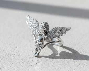 Betender Engel Ring 925 Sterling Silber poliert Finish Engel Flügel Statement Schmuck Renaissance Kunst Geschenk für sie