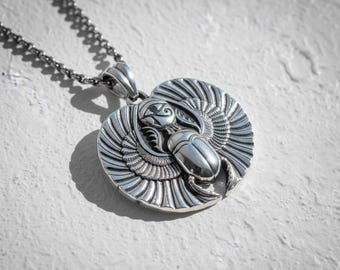 Scarab Pendant Egyptian Jewelry, Ancient Egypt Necklace, 925 Silver, Eye of Horus Amulet, Handmade Mythology Gift