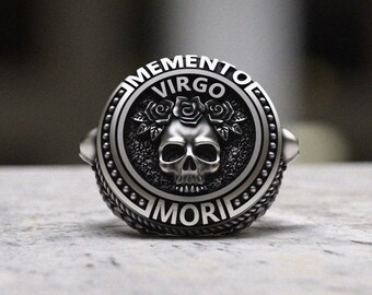 Virgo Skull Ring 925 Sterling Silver, Memento Mori Floral Zodiac Jewelry, Handcrafted Statement Ring for Men Women, Gothic Rose Signet ring