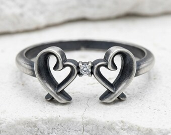 Double Heart Promise Ring in 925 Sterling Silver, Oxidized Romantic Jewelry, Handcrafted Dainty Band