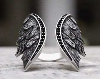 Angel Wing Ring - 925 Sterling Silver Celestial Ring - Handmade Oxidized Feather Statement Ring with Crystal Detail Gothic Jewelry