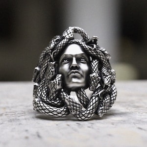 Medusa Ring 925 Sterling Silver Statement Ring, Handcrafted Greek Mythology Snake Hair Design, Gothic Face Ring for Women