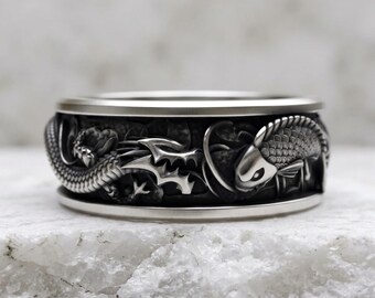 Dragon and Koi Ring Sterling Silver, Japanese Wedding Band 925, Asian Fish Battle Band, Symbolic Statement Ring