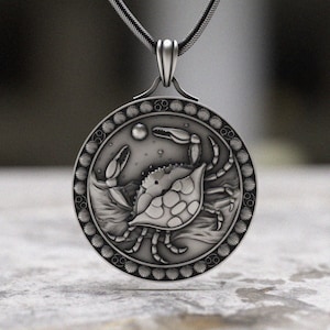 Cancer Zodiac Necklace, 925 Sterling Silver Crab Pendant, Handmade Astrology Jewelry with Shell Border, Birthday Gift
