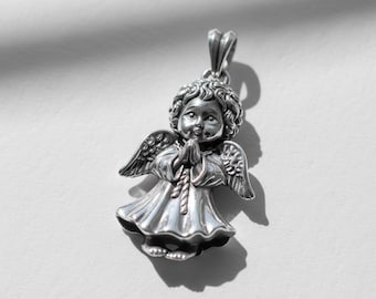 Praying Angel Pendant 925 Sterling Silver Oxidized Finish Cherub Necklace Religious Guardian Jewelry Gift