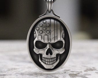 Patriotic Skull Necklace, 925 Sterling Silver American Flag Pendant, Military Veteran Gothic Jewelry, Biker Gift