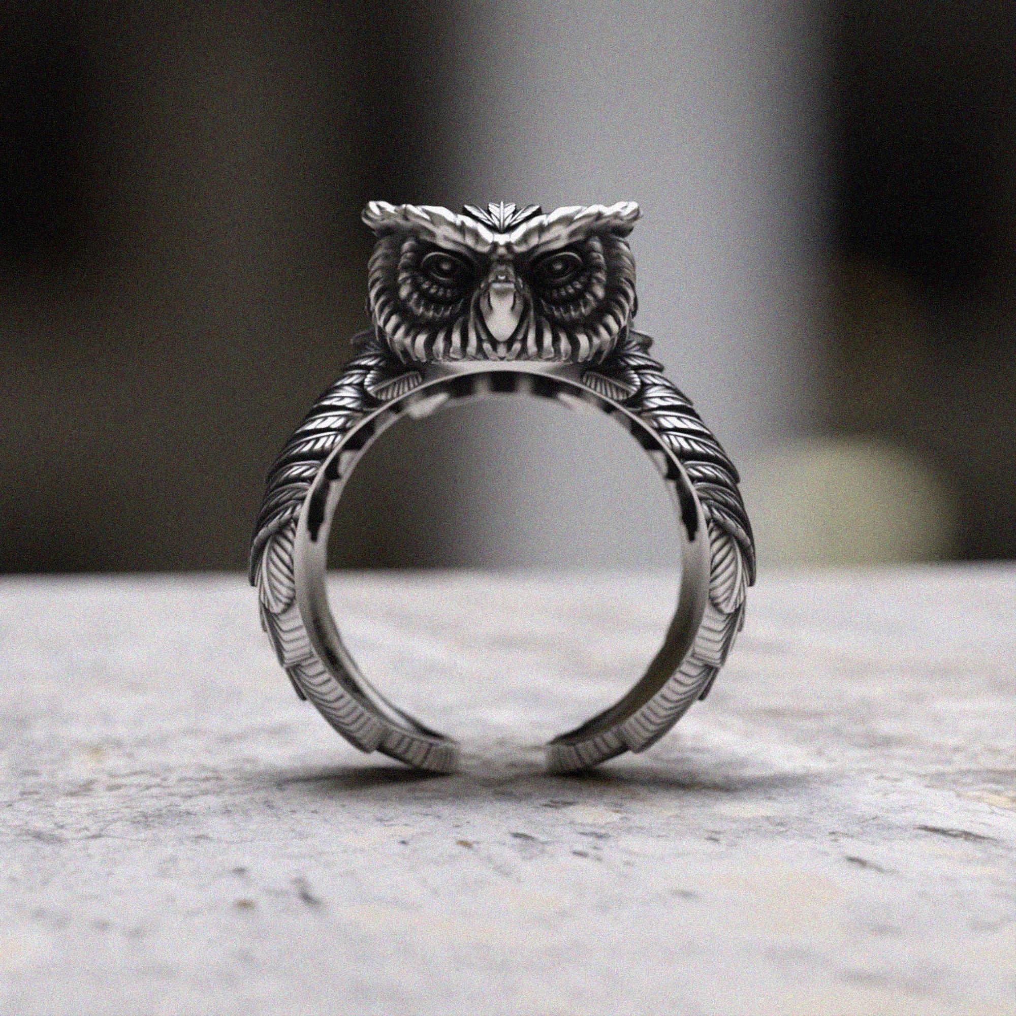 Owl Ring 925 Sterling Silver, Handcrafted Feathered Wisdom Bird Statement Ring, Men's Gothic Sil