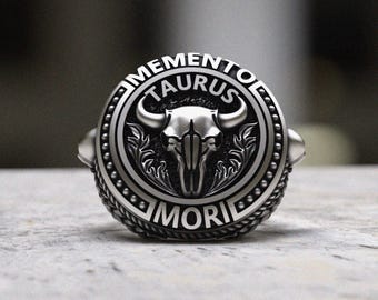 Taurus Bull Skull Ring 925 Sterling Silver | Memento Mori Latin Statement Ring | Zodiac Jewelry Gift for Men | Handcrafted Bull Signet Ring