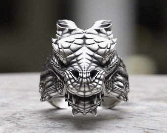 Dragon Ring 925 Sterling Silver, Gothic Dragon Head Ring with Scale Armor Design, Fantasy Statement Ring for Men, Medieval Jewelry