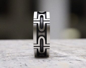 Geometric Pattern Ring - 925 Sterling Silver Modern Design Ring - Bold Geometric Wedding Band - Contemporary Men's Silver Ring
