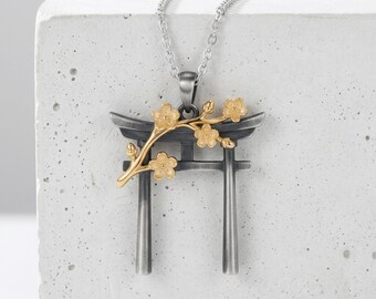 Japanese Torii Gate Pendant in 925 Sterling Silver, Oxidized and Gold Vermeil Cherry Blossom Necklace, Handcrafted Shinto Jewelry