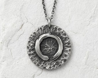 Zen Enso Circle Pendant in 925 Sterling Silver, Oxidized and Gold Vermeil Necklace, Handcrafted Spiritual Wabi Sabi Jewelry