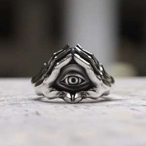 All Seeing Eye Ring 925 Sterling Silver | Illuminati Pyramid Eye Statement Ring | Masonic Occult Jewelry | Mystic Gift For Him