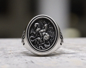 Mythology Ring Sterling Silver - 925 Silver Warrior Ring Handmade Legend Ring Mens Statement Ring Fantasy Jewelry Gift