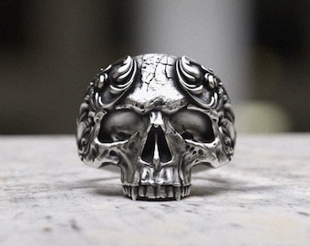 Skull Ring 925 Sterling Silver | Gothic Baroque Men's Statement Ring | Handcrafted Biker Jewelry | Detailed Anatomical Skull with Scrollwork