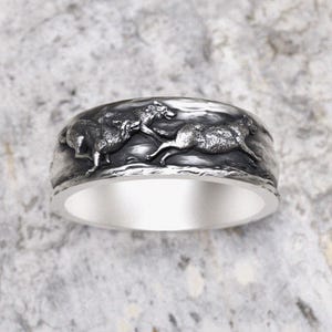 Wolf Ring 925 Sterling Silver, Running Wolves Pack Wedding Band, Nature Inspired Band Ring, Handcrafted Design