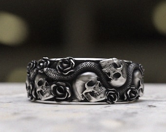 Gothic Skull Ring - 925 Sterling Silver Snake and Rose Band Ring - Handmade Oxidized Statement Ring Dark Alternative Jewelry Men Women