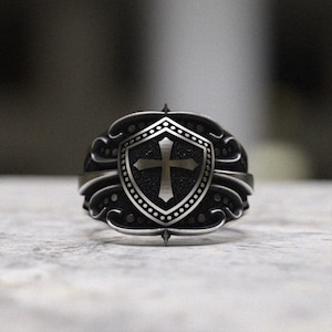Templar Cross Shield Ring | 925 Sterling Silver Medieval Ring | Men&#39;s Knight Crusader Ring | Christian Faith Jewelry | Gift for Him