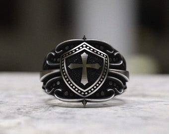 Templar Cross Shield Ring | 925 Sterling Silver Medieval Ring | Men's Knight Crusader Ring | Christian Faith Jewelry | Gift for Him