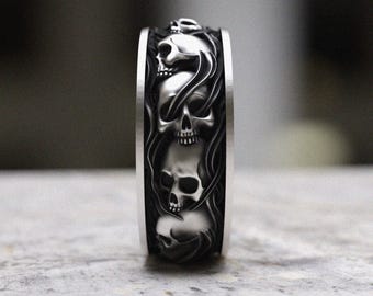 Gothic Skull Wedding Band Sterling Silver Ring - Handcrafted Men&#39;s Dark Skull Ring 925 Black Oxidized Alternative Wedding Band Gift for Him
