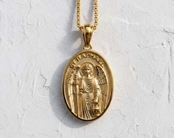 Saint Raphael Pendant 14K Gold Vermeil Archangel Medal Catholic Necklace Religious Jewelry Handmade Christian Gift for Her and Him