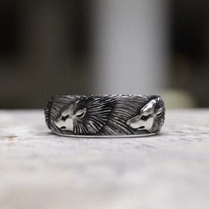 Wolf Ring 925 Sterling Silber, Handgefertigt Band mit detaillierten Wolf Köpfen, Herren Ehering, einzigartige Natur inspiriert Schmuck, Geschenk für Ihn