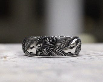 Wolf Ring 925 Sterling Silver, Handcrafted Band With Detailed Wolf Heads, Mens Wedding Band, Unique Nature Inspired Jewelry, Gift For Him