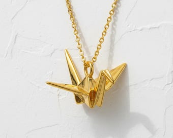 Gold Vermeil Origami Crane Pendant, 925 Sterling Silver Japanese Peace Bird Necklace, Handcrafted Minimalist Jewelry