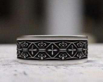 925スターリングシルバーのフルール・ド・リスの結婚指輪、中世の騎士の王室シンボルリング、フランス王室の手作りデザイン、メンズステートメントバンド
