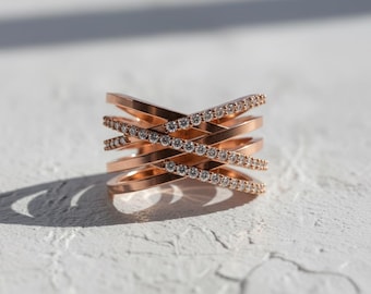 Criss Cross Ring 925 Sterling Silver Gold Vermeil Rose Gold Statement Band Modern Eternity Ring Gift for Her