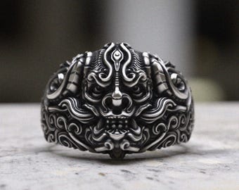 Hannya Mask Ring 925 Sterling Silver, Japanese Demon Ring, Traditional Oriental Art Ring for Men, Mythological Statement Jewelry