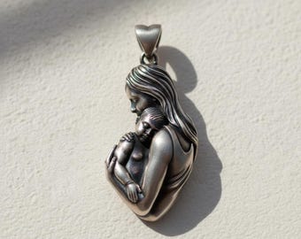 Mother and Child Pendant 925 Sterling Silver Oxidized Finish Sculptural Family Necklace Gift for New Mom