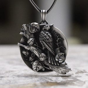 Bird Necklace 925 Sterling Silver, Handmade Nature Pendant with Detailed Leaves, Victorian Style Garden Scene Relief Jewelry