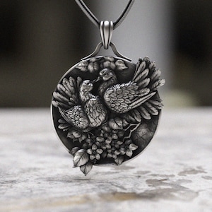 Love Birds Necklace 925 Sterling Silver, Handmade Floral Pendant with Doves Silver Jewelry, Romantic Anniversary Gift for Women