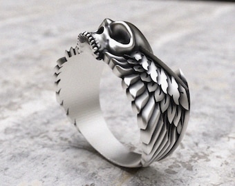 Mystic Skull Wings Ring, Sterling Silver Skull with Angel Wings, Gothic Biker Jewelry, 925 Silver Skull Statement Ring for Men