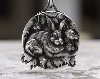 Kaninchen Halskette 925 Sterling Silber, Handgefertigter Häschen Anhänger mit Detailliertem Pelz Design, Natur Inspirierter Silber Waldtier Schmuck