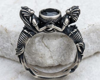 Twin Mermaid Ring in 925 Sterling Silver, Oxidized Black Stone Siren Band, Handcrafted Ocean Mythology Jewelry