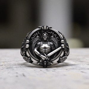 Archangel Michael Ring Sterling Silver 925 - Saint Michael Signet Ring with Wings - Religious Angel Ring for Men Women - Faith Jewelry
