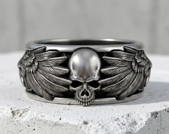 Raven Skull Wings Ring 925 Sterling Silver Oxidized Finish Gothic Biker Statement Band Dark Fantasy Jewelry for Men