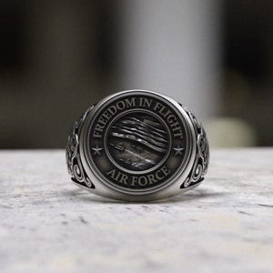 Air Force Ring 925 Silver | Freedom In Flight Military Signet Jewelry | Handcrafted Sterling Silver USAF Veteran Men's Ring | Gift for Him