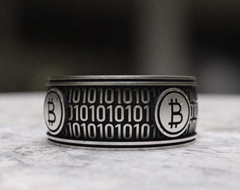 Bitcoin Ring 925 Sterling Silver - Cryptocurrency Binary Code Band - Digital Currency Men's Jewelry - Blockchain Gift for Him
