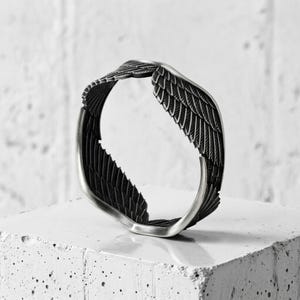 Angel Wings Ring in 925 Sterling Silver Gold Vermeil, Handcrafted Guardian Feather Band, Religious Jewelry Gift Oxidized Matte
