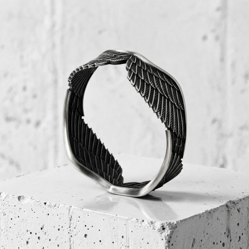 Angel Wings Ring in 925 Sterling Silver Gold Vermeil, Handcrafted Guardian Feather Band, Religious Jewelry Gift Oxidized Matte