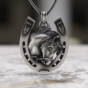 Horseshoe Necklace 925 Sterling Silver, Horse Head Pendant, Lucky Equestrian Jewelry, Western Good Luck Charm, Men Women Gift