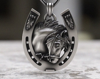 Collana a ferro di cavallo in argento sterling 925, ciondolo a forma di testa di cavallo, gioiello equestre portafortuna, portafortuna western, regalo per uomo e donna