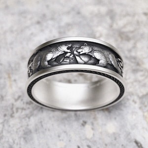 Viking Bear Ring 925 Sterling Silver, Norse Polar Bears Band Ring, Celtic Knot Mens Ring, Nordic Wedding Band, Handmade Statement Ring